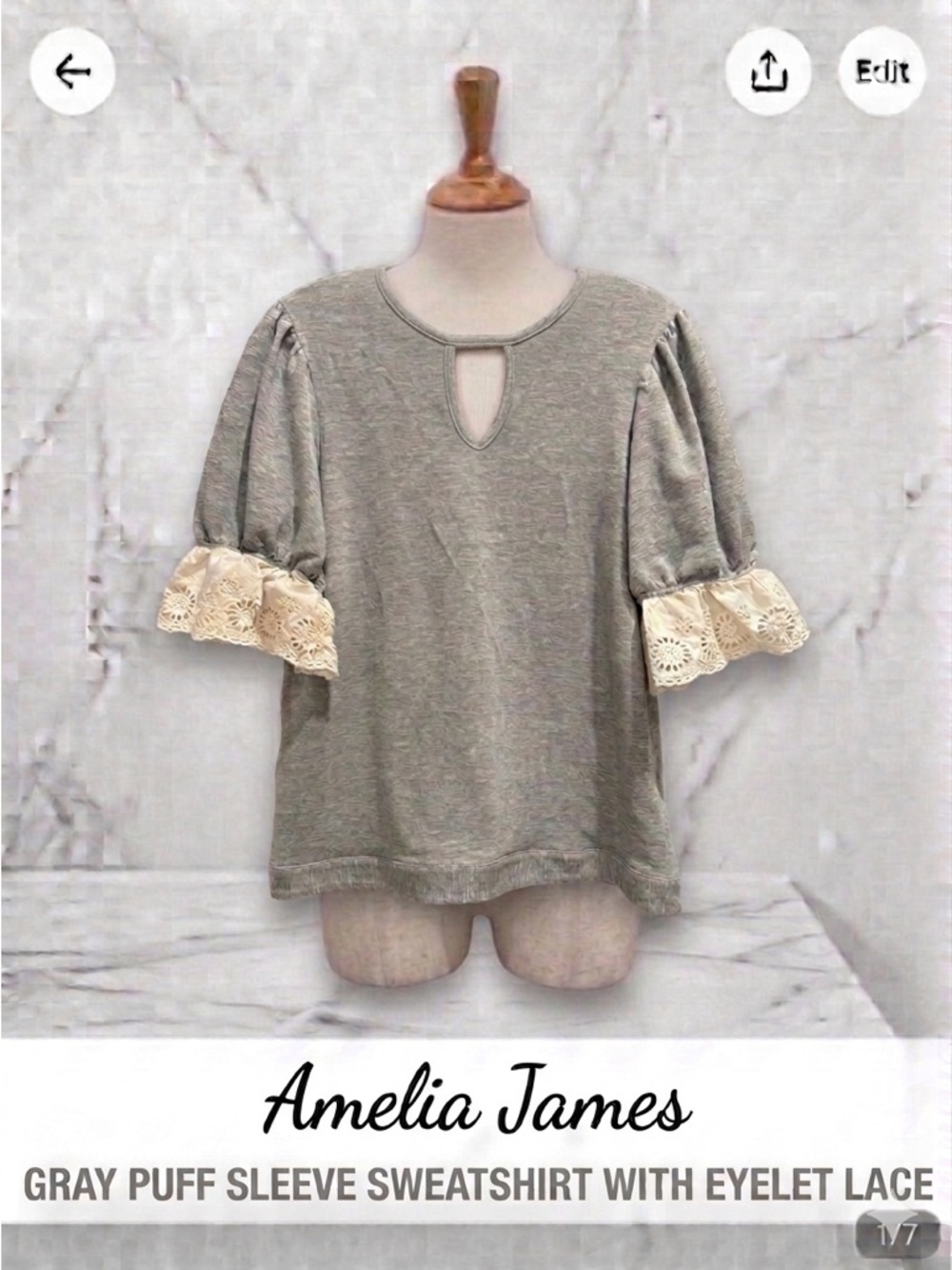 Amelia James Light Gray Puff Sleeve Sweatshirt with Cream Lace Trim Size M